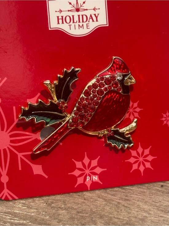 Holiday Time Jewelry - NWT Holiday Time Red and Green Cardinal Brooch with Gold Trim